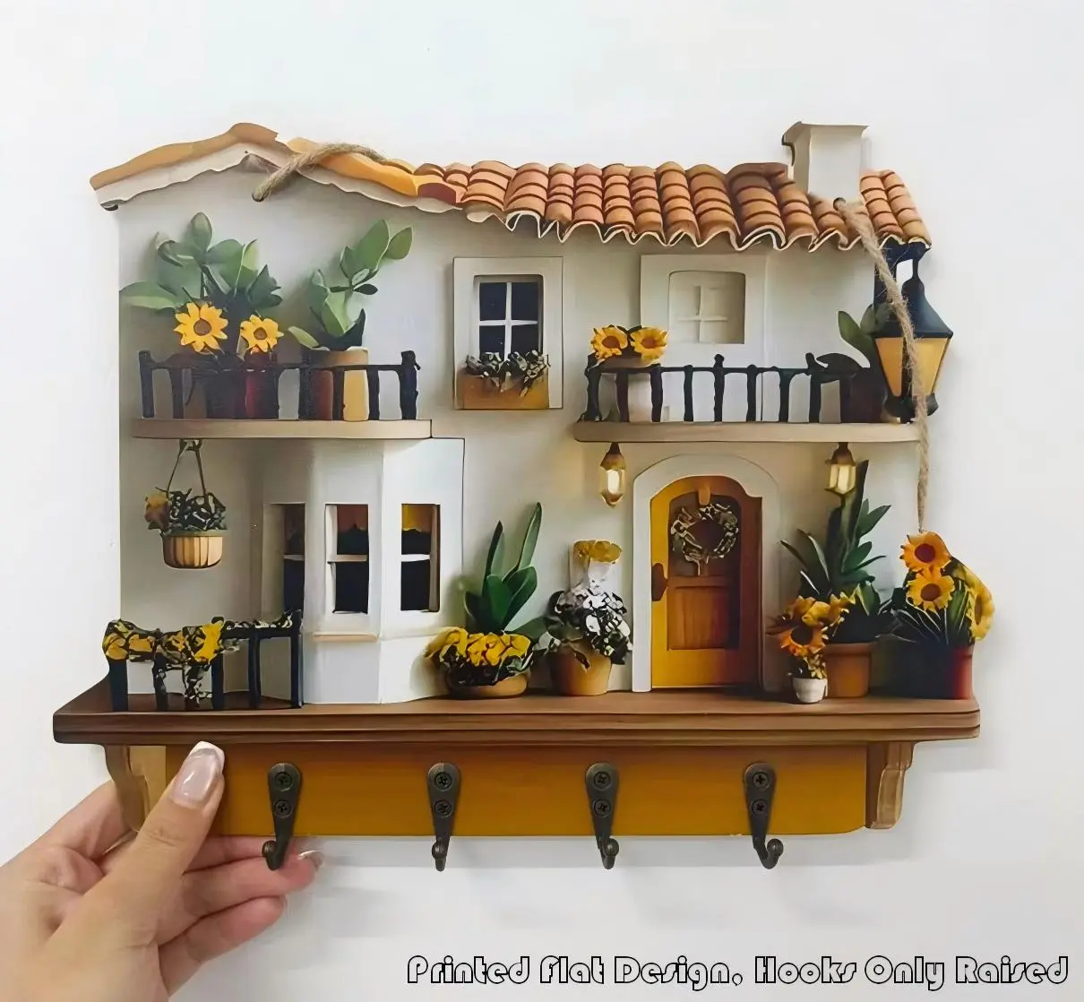 Whimsical Sunflower Prints Wooden Key Organiser Hanger - Lightweight Wall-Mount Whimsy Decor, 4 Metal Hooks, Easy-Install Small Room Organization Product for Living Room, Bedroom Home Supplies