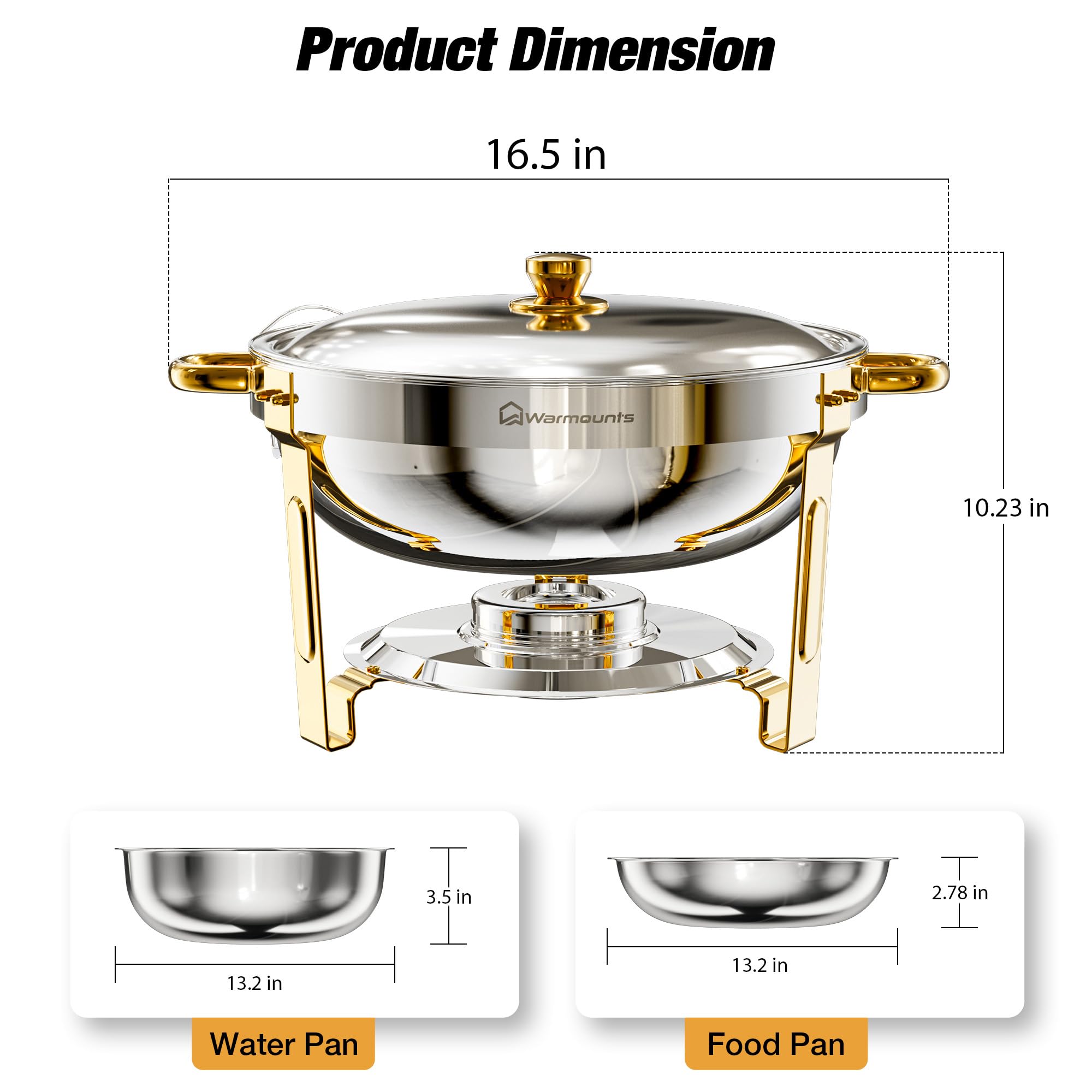 WARMOUNTS 5QT Elegant Gold Chafing Dish - Round Stainless Steel Buffet Warmers with Cut-Resistant Rims & Lid Holder for Wedding Catering & Party&Holiday Feasts Events