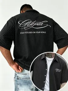Men's Retro Pinstripe Slogan Button-Up Shirt, Vintage Business Casual Fashion, Premium Comfortable Material, Relaxed Silhouette, Suited for Office Wear, Brunch Dates & Modern Urban Style, Great for Versatile Wardrobe Staples