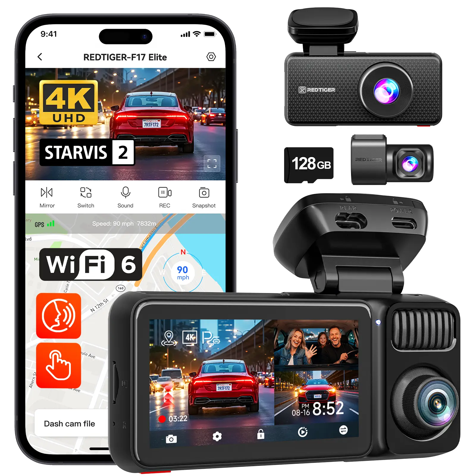 【FathersDayGift】REDTIGER F17 Elite 4K 3-Channel Dash Cam with STARVIS 2 IMX678 & IMX675, 128GB Card, Full Night Color, 4K+2.5K+1080P Front Rear Inside, Touch Screen, Voice Control, 5GHz WiFi 6, GPS, HDR, 24 Hours Parking Mode, Car rvibes, Car VLOG,