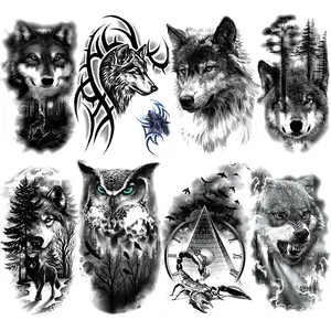 8 Pcs Waterproof Temporary Fake Tattoos, Wolf Owl Scorpion Designs, Adult Body Art Stickers for Men Women, Arm Leg Decorations