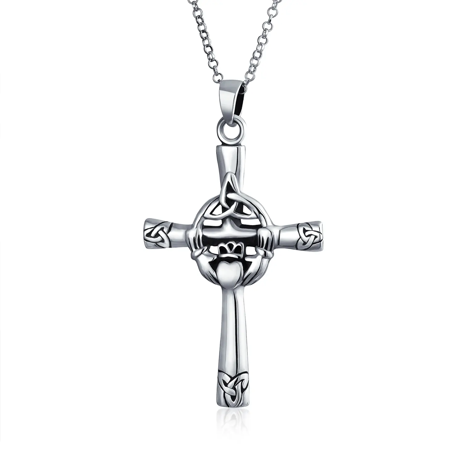 Trinity Celtic Knot Claddagh Cross Pendant Necklace .925 Sterling Silver