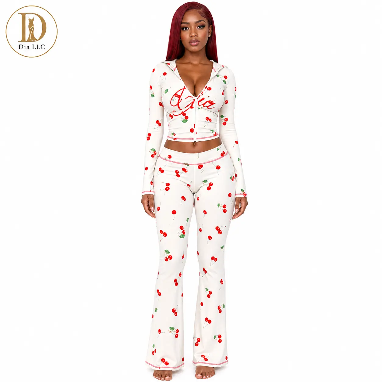 Dia LLC Women’s Cherry Print 2 Piece Set, Zip Up Hooded Crop Top & High Waist Flare Pants, Cute Y2K Matching Lounge Outfit