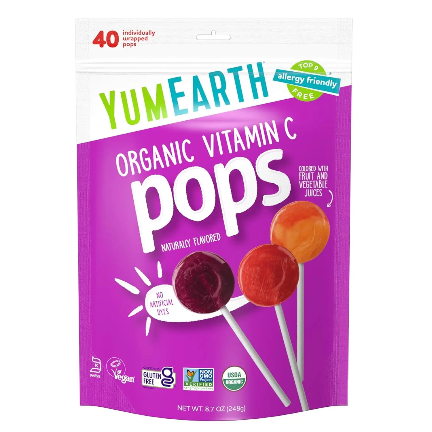 Organic Vitamin C Pops Variety Pack, 40 Fruit Flavored Favorites Lollipops, Allergy Friendly, Gluten Free, Non-GMO, Vegan, No Artificial Dyes