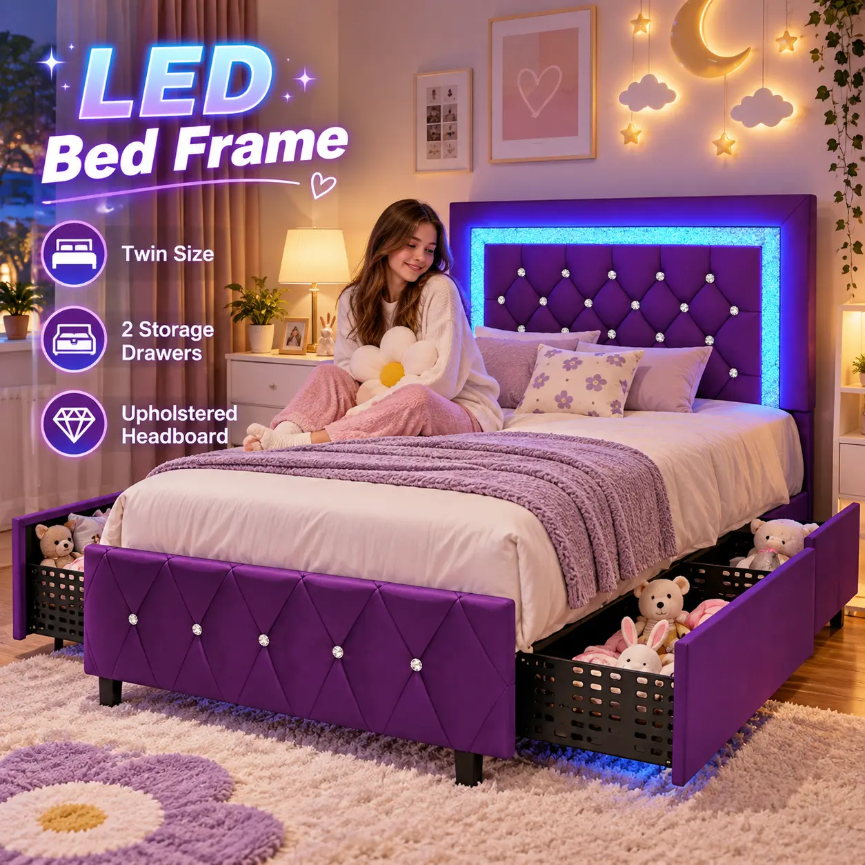 Modern Upholstered LED Platform Bed Frame with Headboard, Footboard, Storage Drawers, USB LED Strip - Twin Size, Multiple Sizes (Full, Queen) & Colors (Pink, Purple, Black, White)