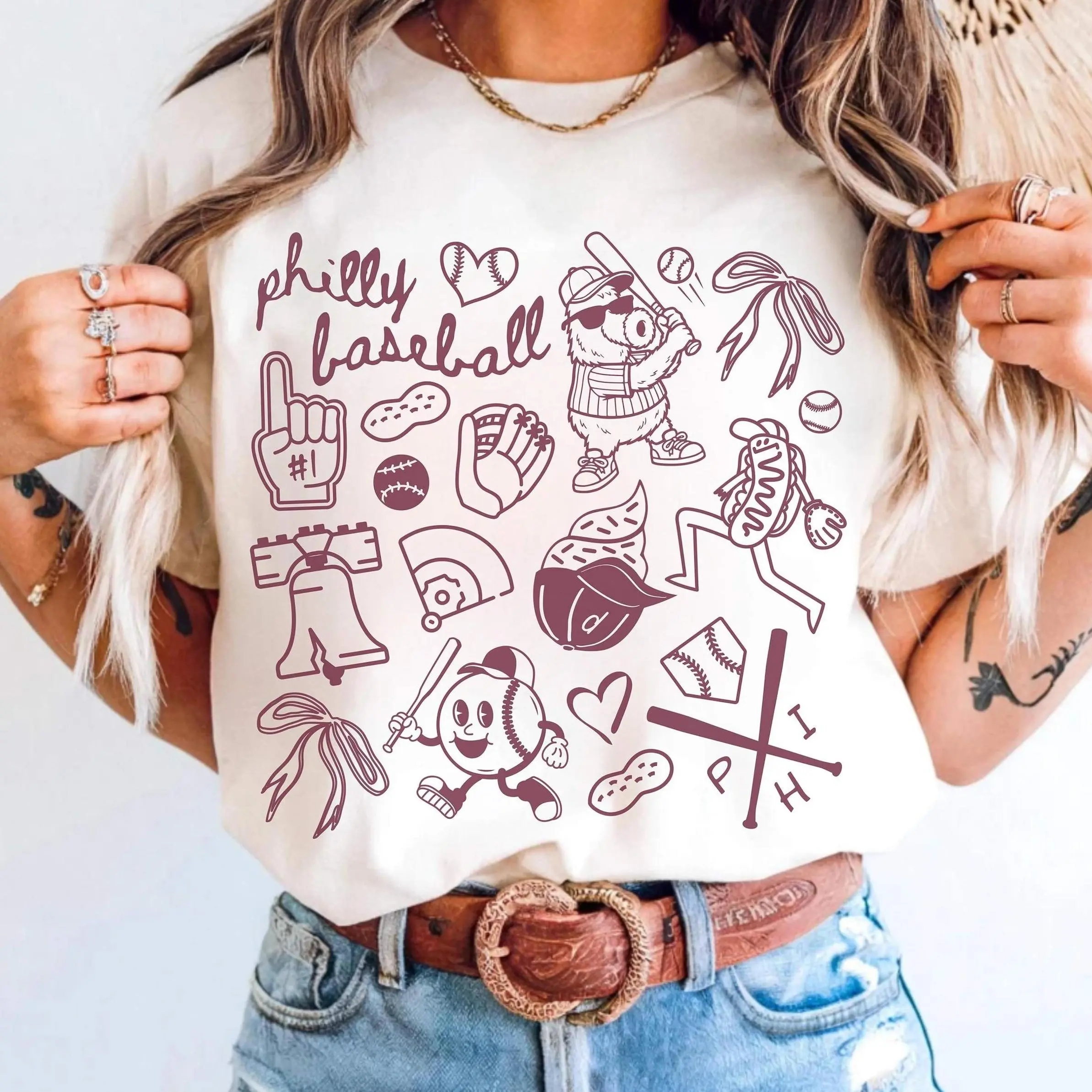 Retro Philly Baseball Doodle Graphic Tee, Cute Philadelphia Baseball Game Day Youth Shirt, Philly Baseball Doodle T-Shirt for Men, Women and Kids