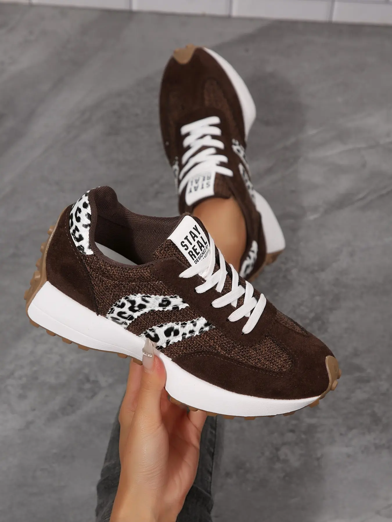 Women's Spring Autumn New Round Toe Leopard Print Colorblock Casual Trendy Walking Sneaker Shoes, Laced Thick Sole Height Increasing Anti-Slip Outdoor Sports Shoes, Stylish Sneakers, Fashion Casual Sneakers