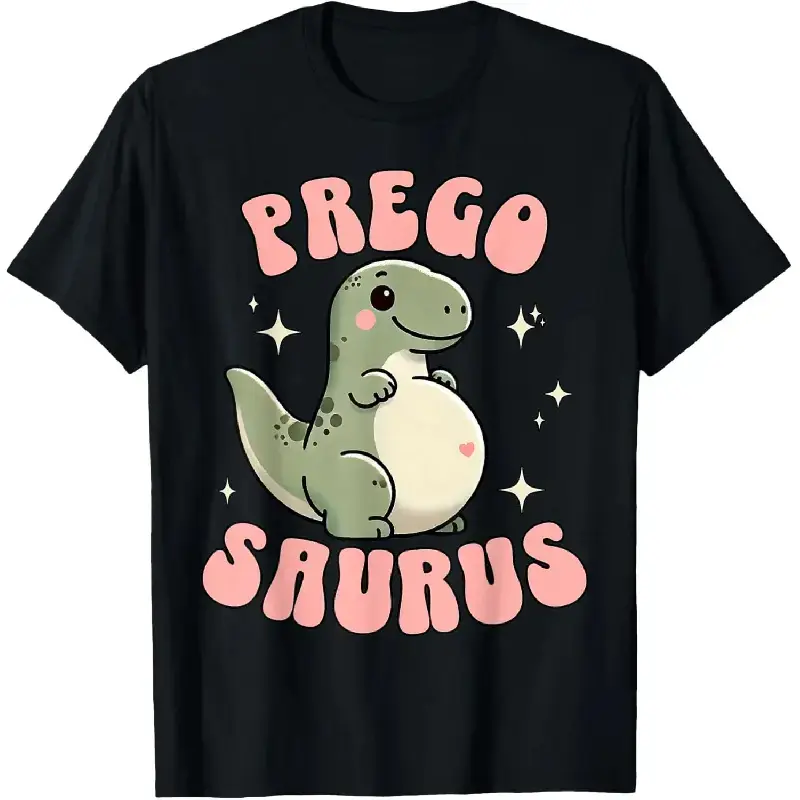 Women's 100% Cotton Short-Sleeve Round-Neck Pregosaurus Cute Retro Pregnancy Announcement T-Shirt, Small, Black