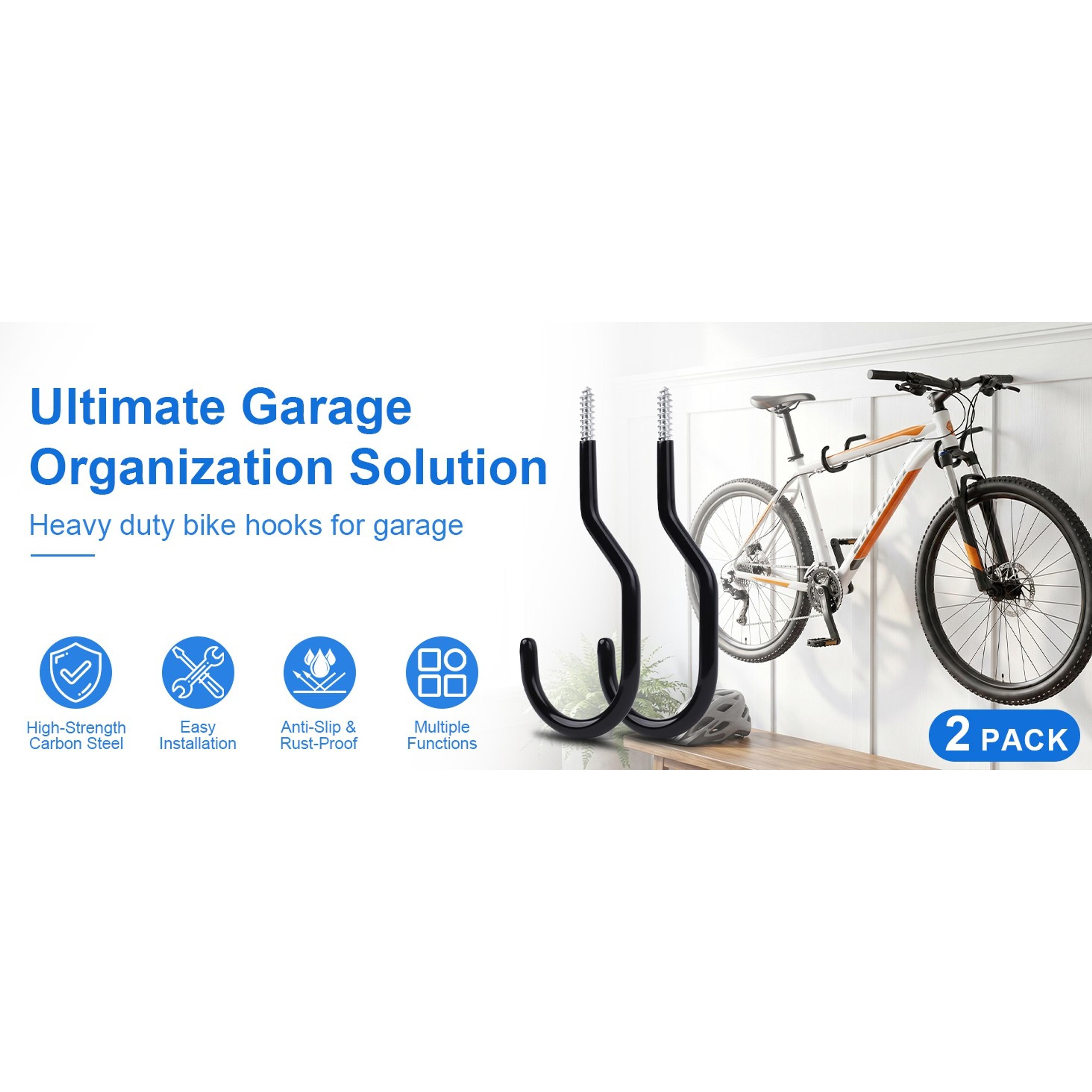 Heavy Duty Bike Hooks for Garage Wall Ceiling Mount, 100lbs Capacity Carbon Steel Bicycle Hangers with Anchors, Wide Opening Utility Storage Hooks for Mountain Road Bike Ladder 2 Pack