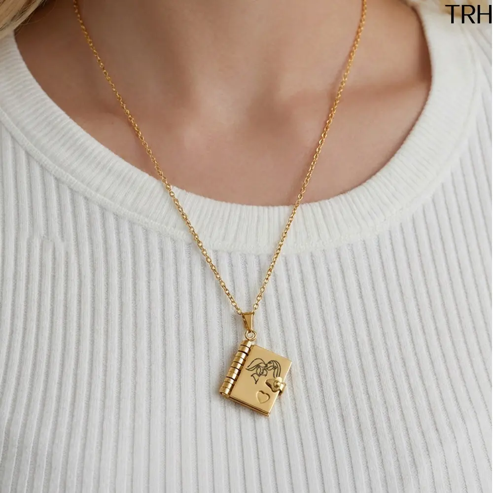 Open Book Locket Necklace for Women, Engraved Sentimental Book Pendant with Heart Detail, Dainty Adjustable Gold Tone Necklace, Meaningful Memorial Jewelry, Thoughtful Gift for Mom, Daughter, Birthday, Anniversary & Everyday Wear