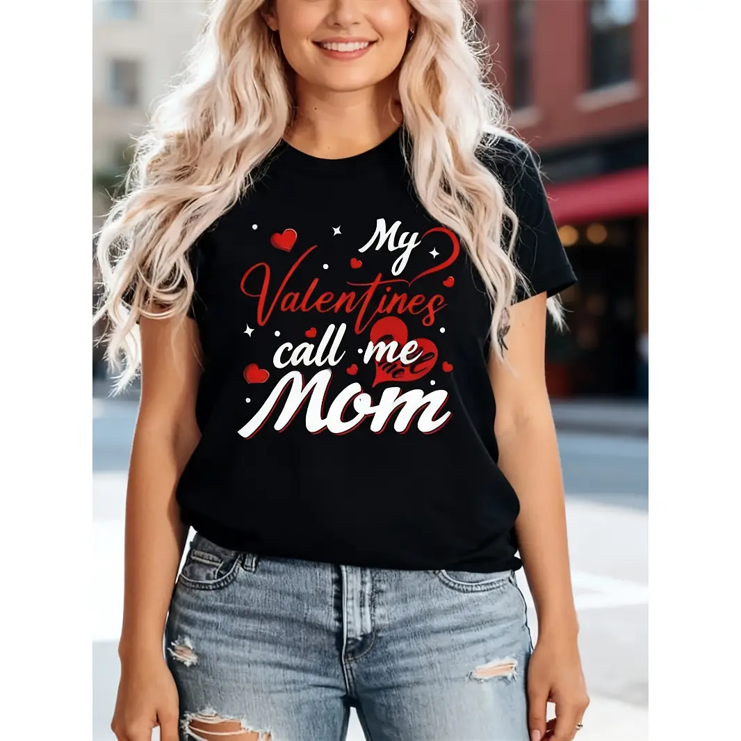 Womens Cotton Short Sleeve Graphic Tee My Valentines Call Me Mom Cute Heart Print Valentines Day Shirt Casual Soft Crewneck Top For Moms Mom Life Outfit