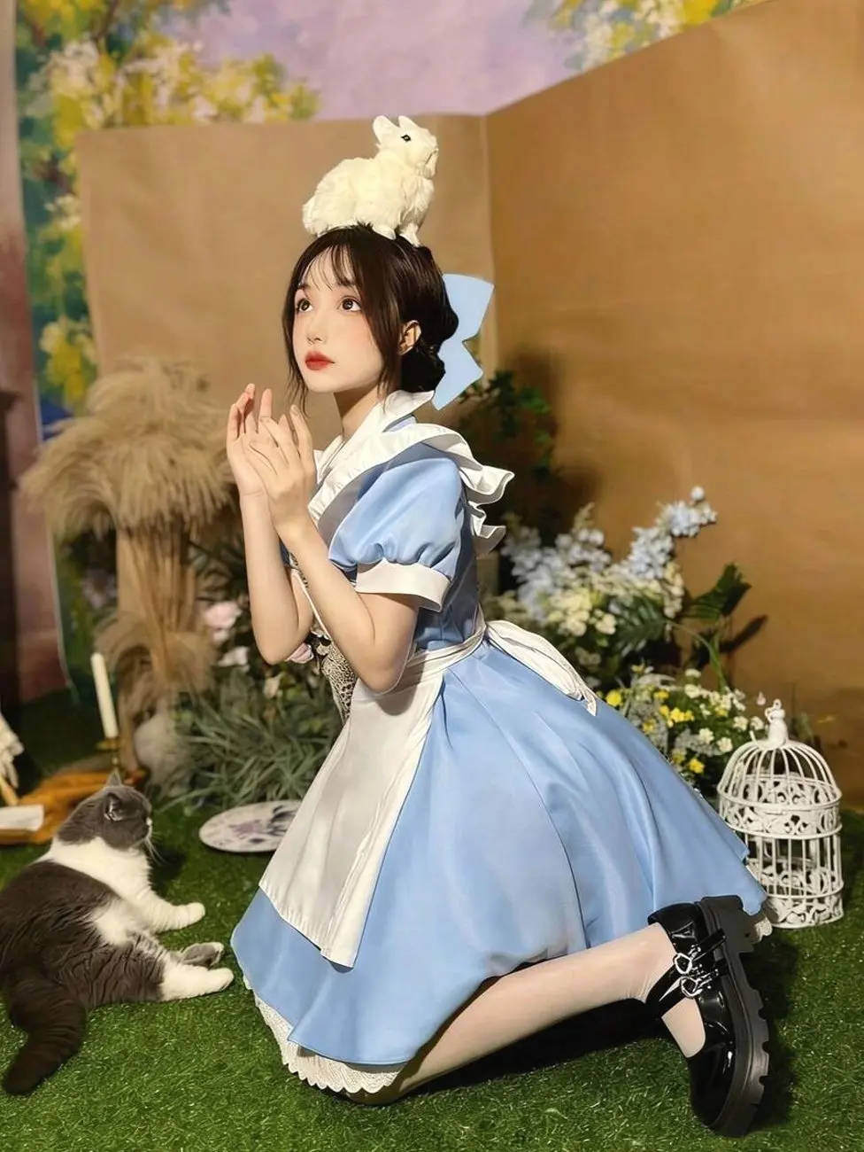 Women’s Blue Maid Dress, Alice-Inspired Sweet French Style Costume, Ruffle Mini Dress, Cute Vintage Party Outfit