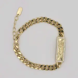 Saint Jude Bracelet Cuban link style Laminated-Gold Green & Gold Color 7.5 Inches 6mm chain 9mm plate wide Adjustable Size for Small Adults 6.5 to 7.5 inches Comfortable Everyday Wear Versatile Design
