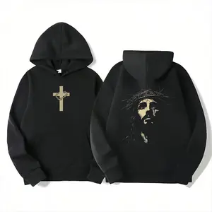 Hoodie Printed Cross on Front and Jesus Wearing Crown of Thorns on Back
