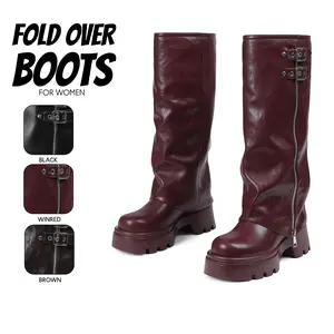 Womens Fold Over Platform Boots Knee High Boot Round Toe Thick Heels Wide Calf Buckle Strappy Zipper Pull On Party Outdoor Street Autumn Winter Fall Long Shark Boots