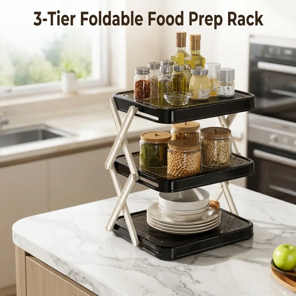 1 Count, Black 3-Tier Foldable Kitchen Countertop Shelf, Space Saving Organizer for Plates and Kitchen Prep Supplies