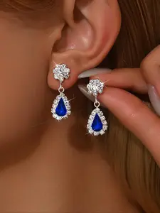 Elegant Women's Blue Silver Color Water Drop Zircon Earrings, Rhinestone Dangle Ear Studs for Daily Wear, Fashion Jewelry Gift, Teardrop Earrings