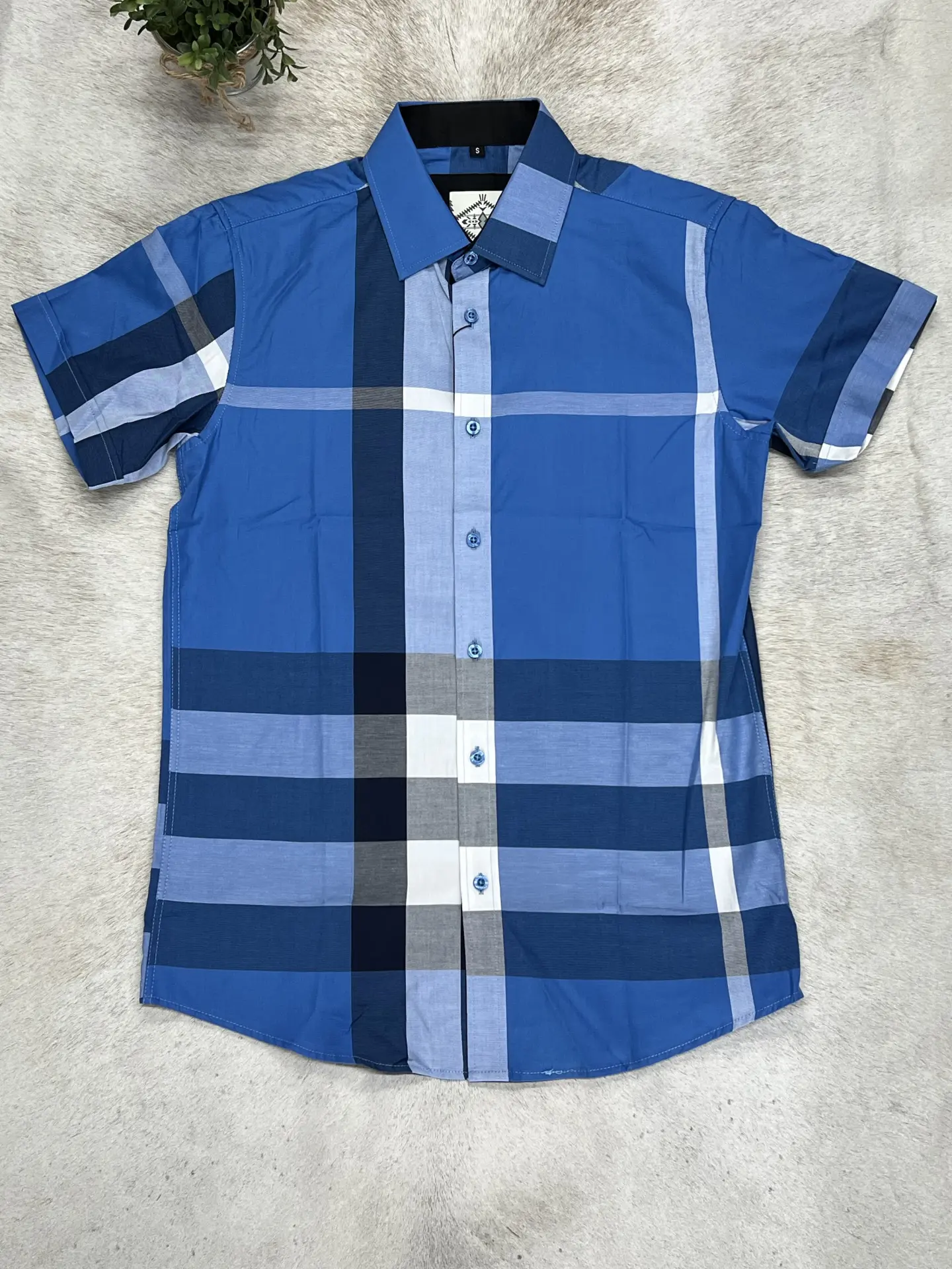 Men's Shirt Short Sleeve Checkers Bright Blue White