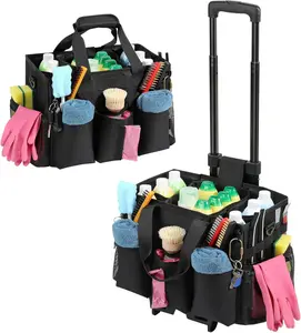 Housolution Rolling Cleaning Caddy Bag with Detachable Trolley, Professional Portable Large Cleaning Bag with Wheels, Wearable Cleaning Supply Bag on Wheels for Housekeepers, Black