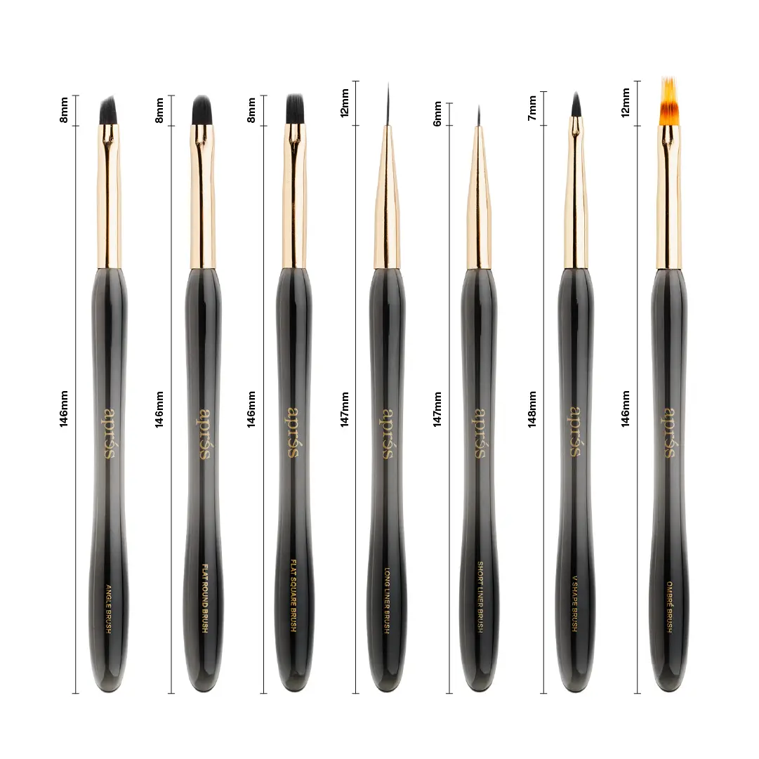 APRÉS Precision Gel Nail Art Brushes - 7 Shapes with BPT Fiber Bristles, Bristle Protection Cap, Precise Control for Nail Care, Manicures, Clean with Base Gel, Detailed Techniques, Structure, Nail Art Tool, Nail Supplies Equipment