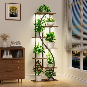 59" Tall  Stand with Grow Light Indoor, 7 Tiered Metal  Shelf, S-Shaped Flower Display Stand, Corner Storage Shelf for Living Room, Patio, Balcony Decor
