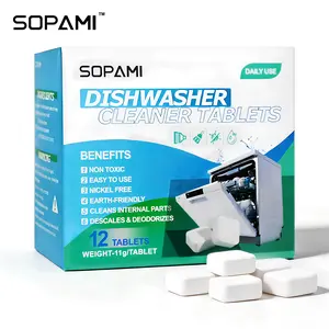 SOPAMI Dishwasher Cleaner Tablets 12 count non toxic nickel free earth friendly formula cleans internal parts descales and deodorizes removes limescale buildup eliminates odors easy to use for regular kitchen dishwasher maintenance