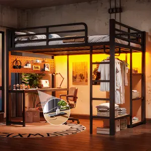 Full Loft Bed with Storage Shelves and Desk, Metal Loft Bed with USB Ports, Lights, and Hanging Rod, Cave Board Design, Black