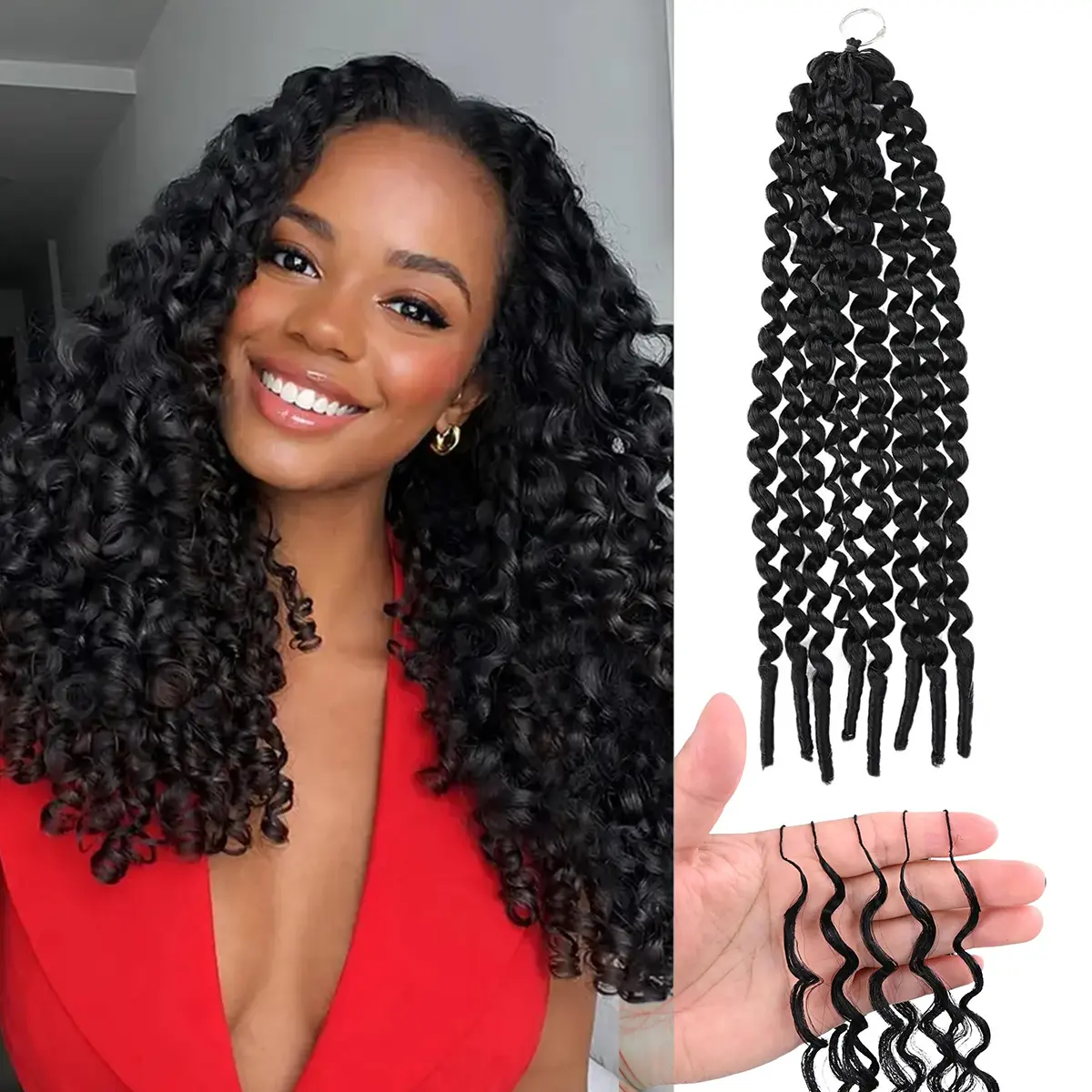 New Burmese Curly Synthetic Crochet Hair 18 Inch 60g/pack Knotless Pre-Separated Feather Synthetic Fiber Matrial Hair Extension Crochet Bundles Lightweight Reusable Hair Extensions for Women Natural Black Color