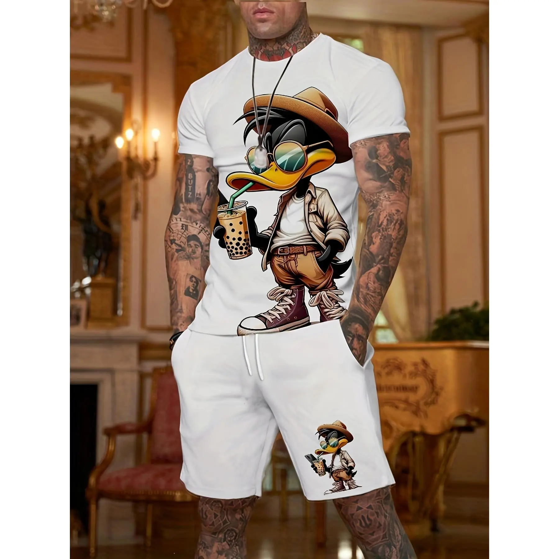 Men's 2-Piece Retro Casual Summer Sports Clothing Set - Slightly Elastic Polyester Knit, Crew-Neck Casual Tee with Unique Duck Print & Matching Shortsleeve Shorts, Knitting, Round, Male, Short Sleeves, Elastane, Machine Washable, Micro Elastic, Leisure We