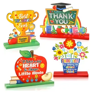 4-Piece Teacher Appreciation Centerpiece Decorations, Wooden Plaques for Home Education & End-Of-Term Gifts, Classroom Decoration, Novelty Desk Decor