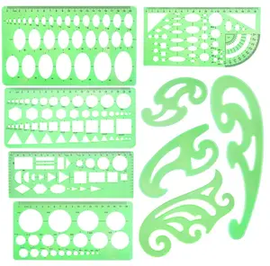 9 Pieces Drawings Templates French Curve Geometric Templates Measuring Rulers Clear Green Plastic Rulers for Engineering, Studying and Designing