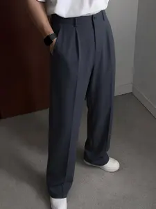 Men's High-Waisted Wide-Leg Suit Pants, Summer Ice Blue Silk Flowy Straight Leg Pants, Business Casual Wear for Men
