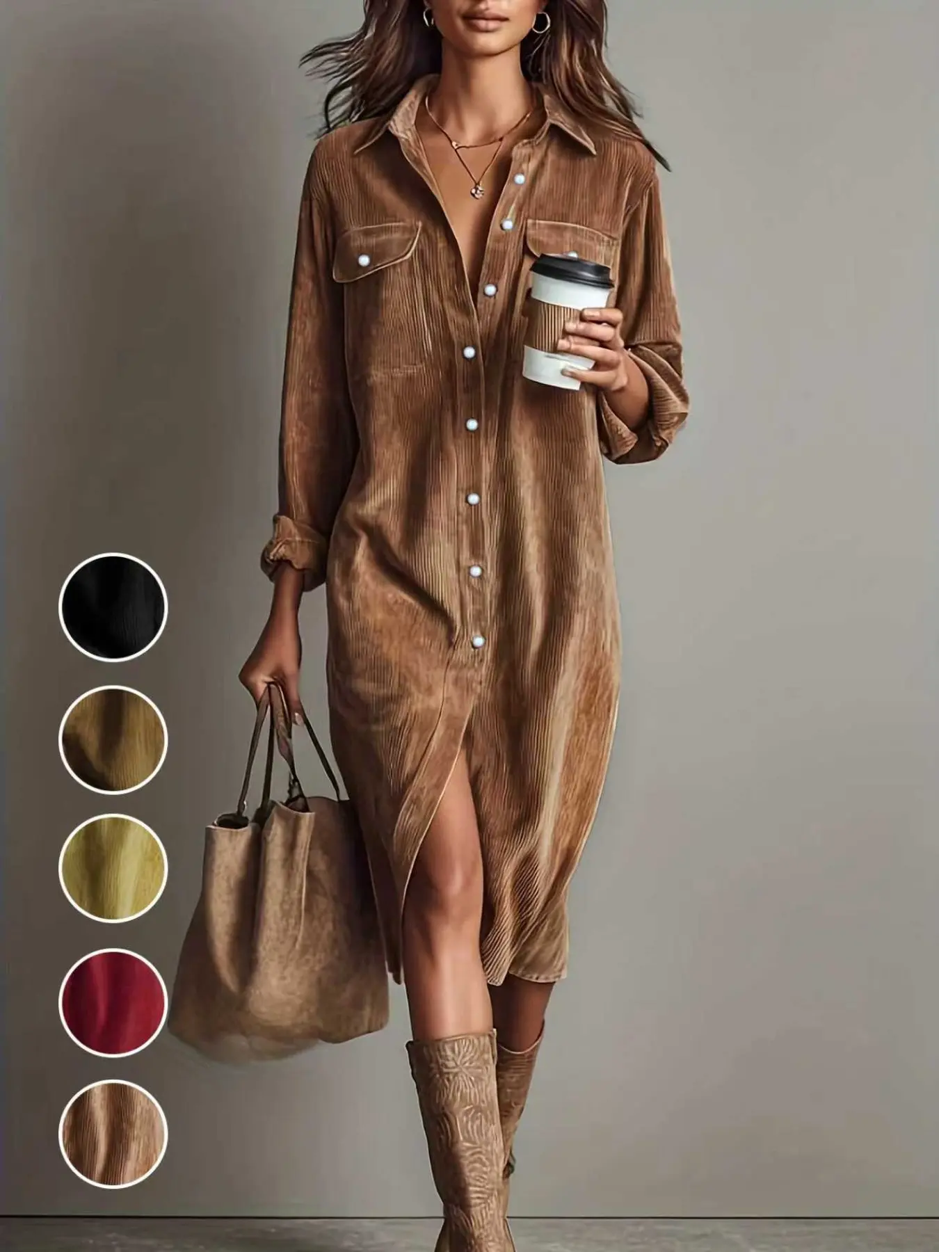 Women's Fashion Casual Loose Corduroy Collared Dress with Dual Chest Pockets, Single Button Long Sleeve Mid-Length Skirt, Comfortable Daily Wear, Lady, Womenswear, Casual Dresses