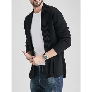 Cardigan Men's Black Cable Knitted Open Front Coat Casual Warm Winter Knitwear