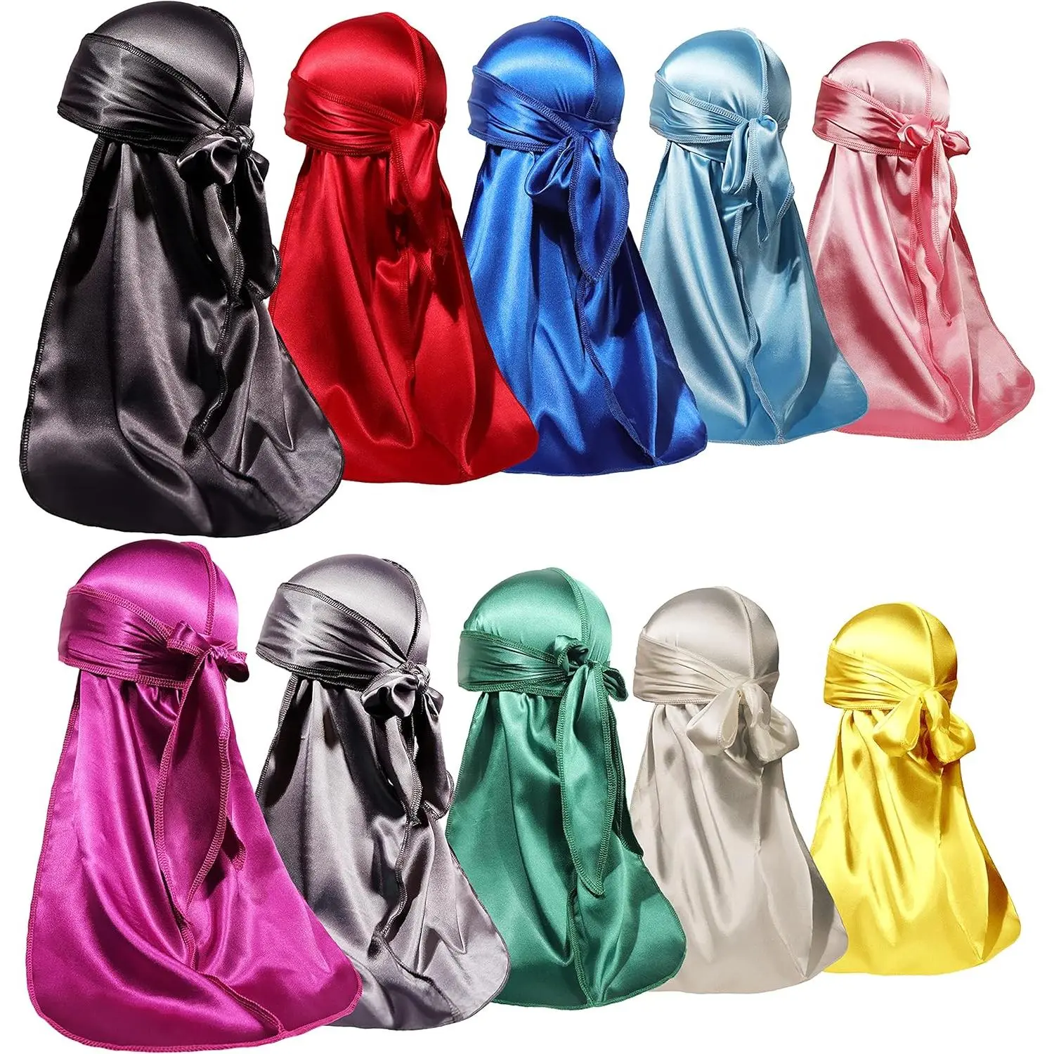 10 Pieces Silky Durags Long Tail for Women Men Satin Durag 360 Wave,Dorag, 10 Pieces