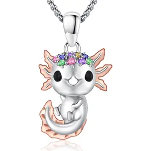 DRINSPER Axolotl Necklace 925 Sterling Silver Pendant Jewelry Gift Daily Wear Charm with Colorful Rhinestone Decor Necklace Gift for Women