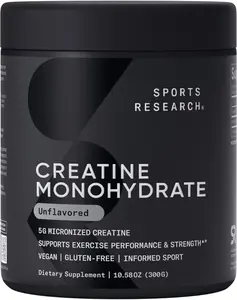 Sports Research Creatine Monohydrate - Gain Lean Muscle, Improve Performance and Strength and Support Workout Recovery - 5 g Micronized Creatine Per Serving