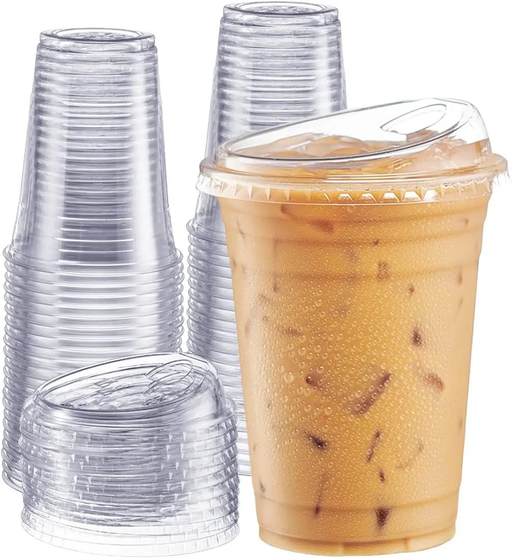 Multi-Size Disposable Clear Plastic Iced Coffee Cups with Leakproof Lids (20/40/60/120/480 Sets, 16oz) - Pouch-Included, for Latte, Juice, Parfait - Home & Birthday Party Disposable Tableware