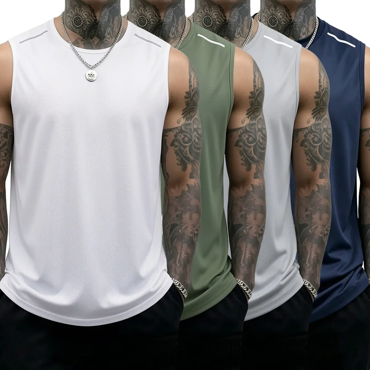 Male 4pack Workout Set - 4PCS Men's Round Neck Soft Fabric Sports Clothes, Casual Sleeveless Gym Muscle Shirts, Bodybuilding Plain Vests for Basketball, Stretch