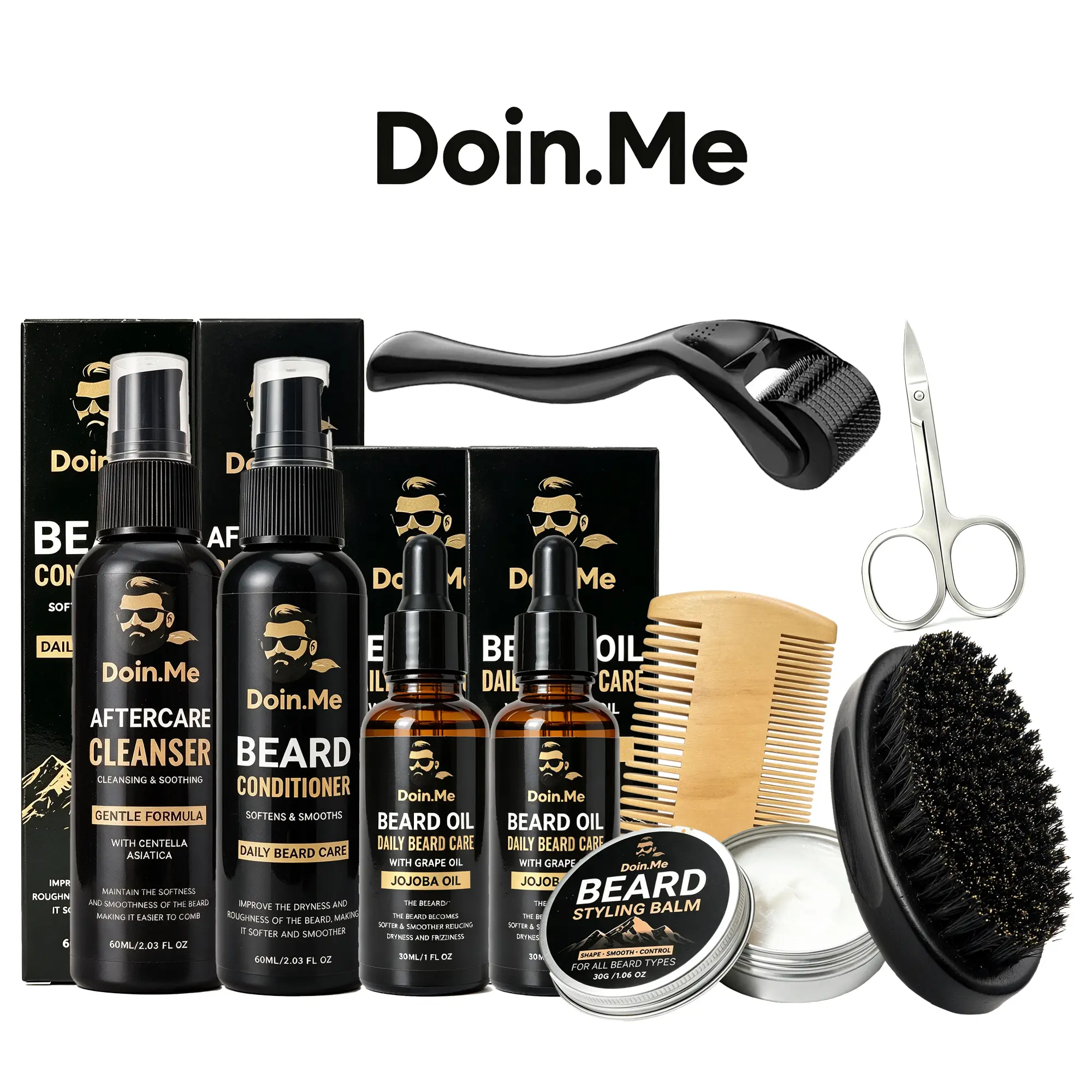 Beard Kit for Men Grooming & Care With Beard Wash,2 Packs Beard Oil,Beard Balm,Beard Conditioner ,Boar Bristle Brush,Wood Comb,Scissors ,Sandalwood Scent,Premium Gift For Man