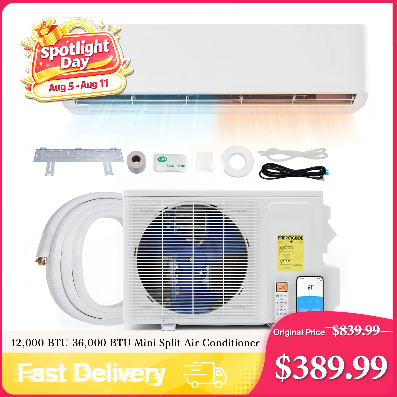 [!!!SHIPS IN 2 BOXES] AMERLIFE 12000 BTU-36,000BTU Mini Split Air Conditioner Heat Pump, Inverter Ductless AC, Cools up to 750-2500 Sq. Ft, Energy-Efficient with Self-Cleaning, Power Cord and Screws not Included