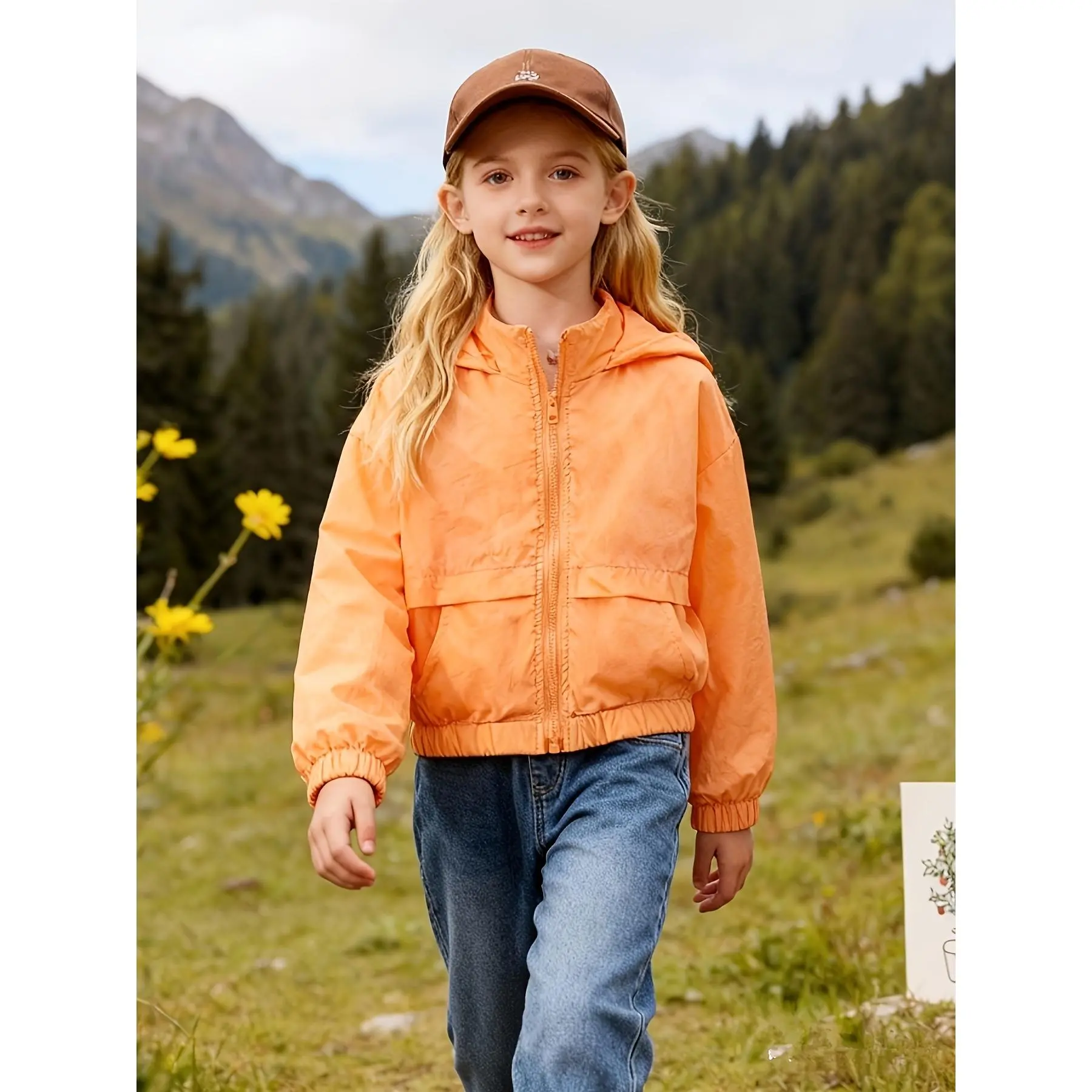 Girls' Lightweight Full Zip Jacket, Kids Edition Solid Polyester Hoodie with Pockets for Casual Daily Wear and Hiking, Full Zip Girls' Jackets, Kids Edition Girls' Jackets