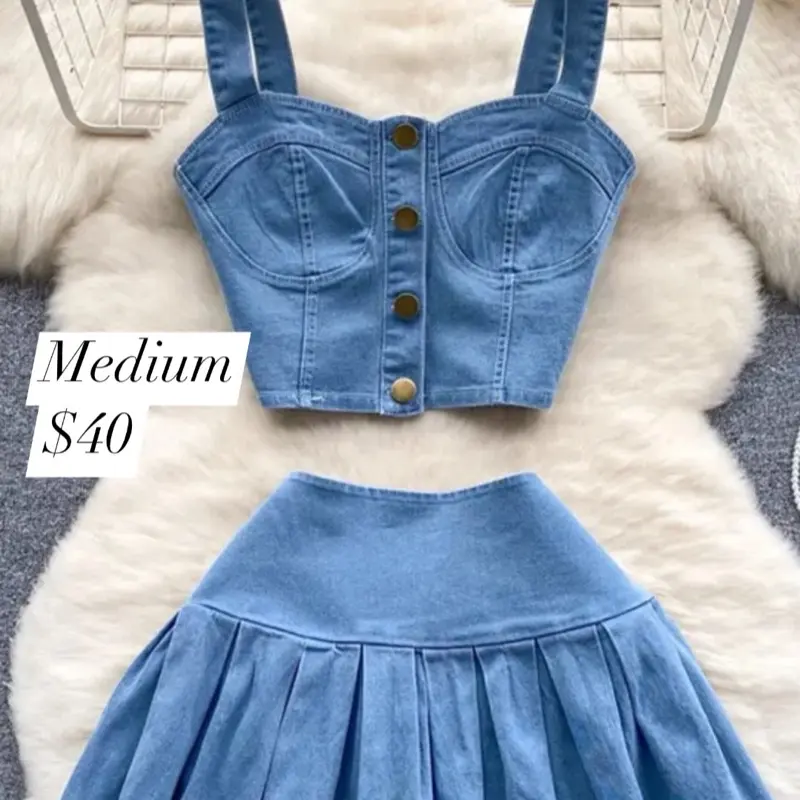 Jean Skirt Set - Medium Size $40 Denim Top with Buttons & Matching Pleated Skirt Women's Fashion