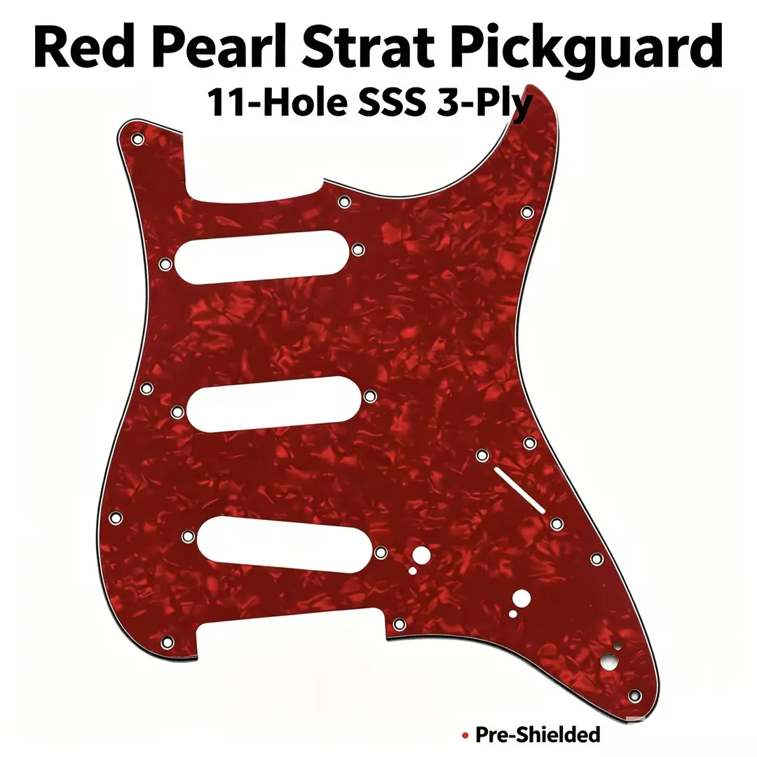 Red Pearl SSS Strat Pickguard 11 Hole 3-Ply Pre-Shielded Anti-Hum Scratch Plate Replacement for Fender USA/Mexico Stratocaster Electric Guitar, Celluloid, Noise Shielding, 1 × Red Pearl Sss Strat Pickguard