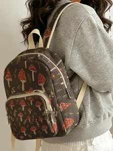 1 piece of 2D printed lady's backpack with mushroom plant pattern, Casual printed backpack, corduroy texture + layered storage + light weight reduction, perfect for students to go to class/shopping/short trips