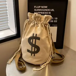 Fashionable Canvas Strap Zipper Backpack, Large Capacity Money Bucket-Style Bag, Lightweight Sports Bag for Everyday Use, Trendy Backpack