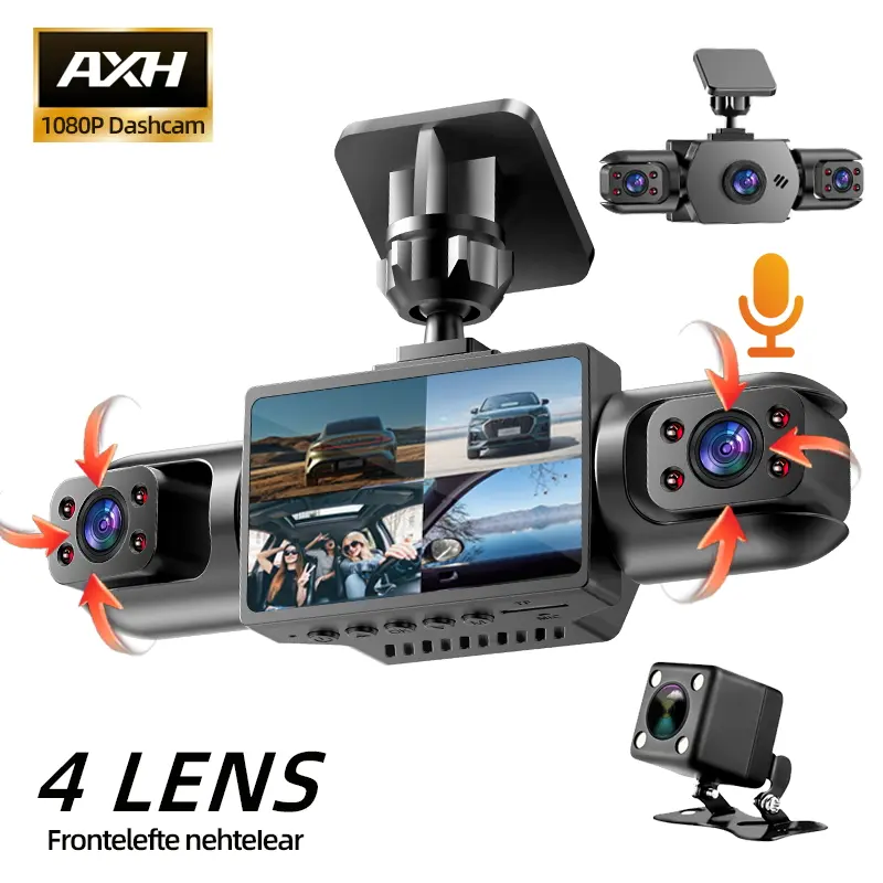 4 Channel Car Dash Cam, 1080P HD Car DVR Dashcam with Rotating Cameras, IR Night Vision, Loop Record, Motion Detection, Supports Memory Card Storage, FREE 64GB Memory Card Included