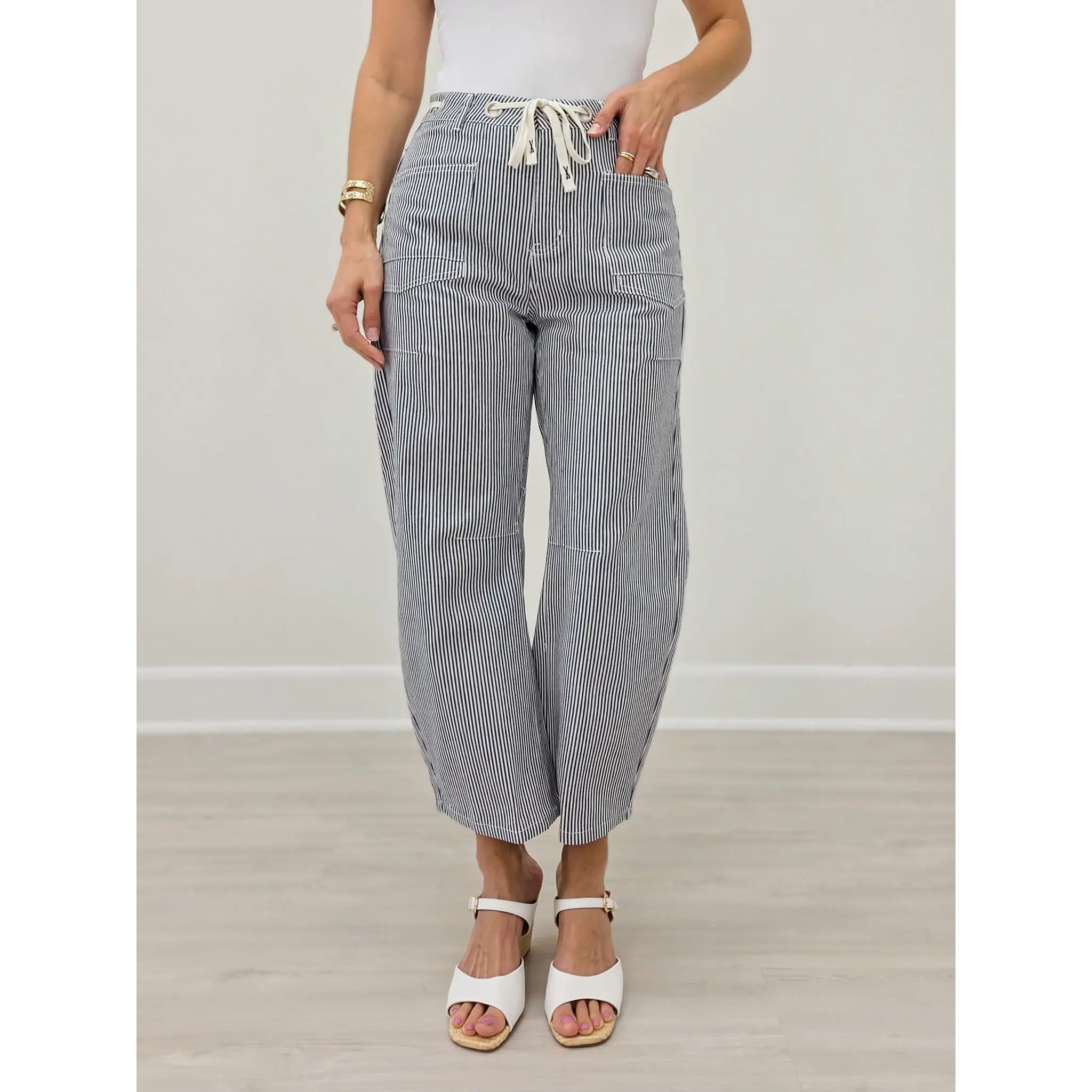 Drawstring Striped Barrel Pants