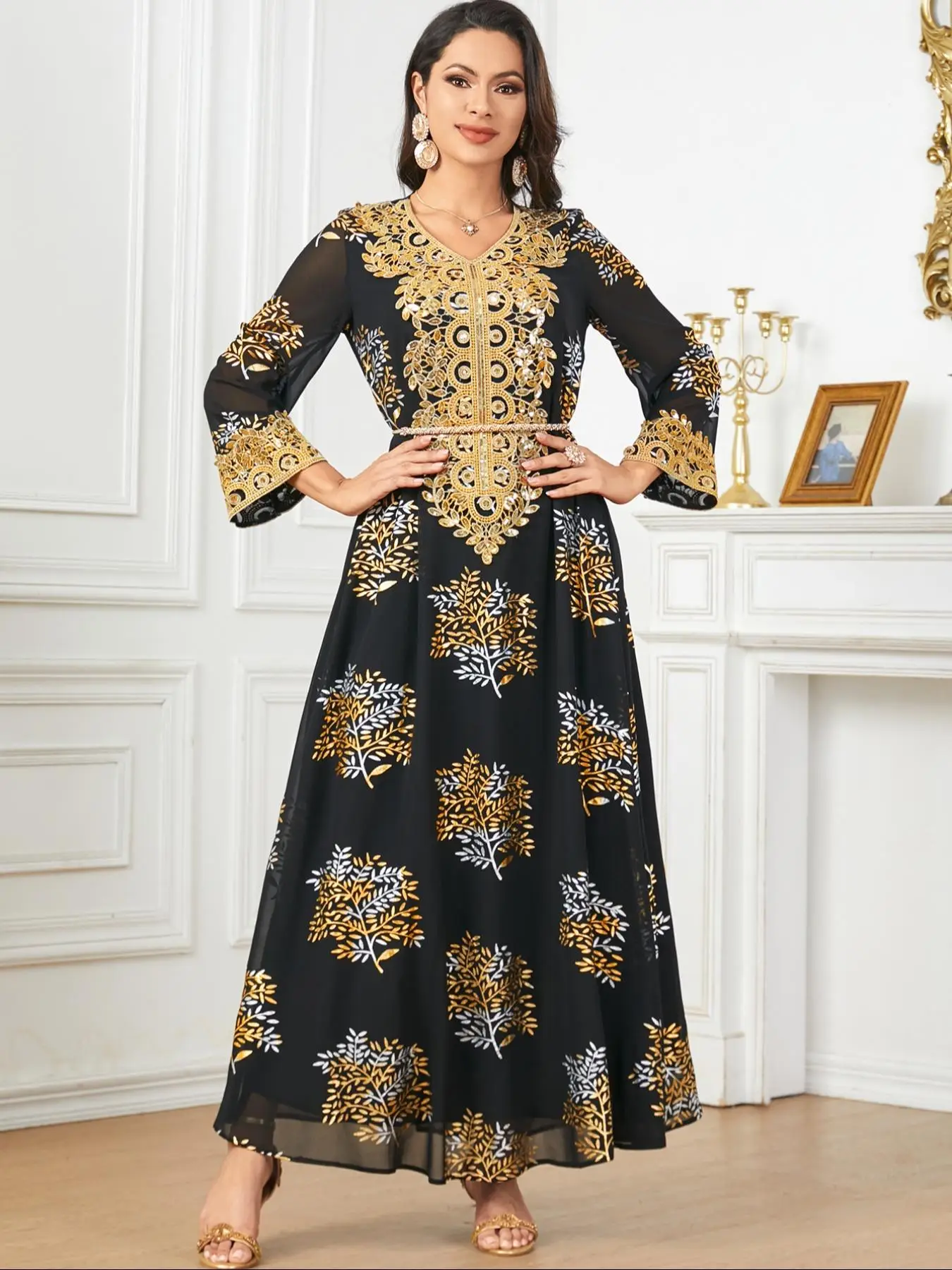 Arabic Clothing-leaf Embroidery Contrast Sequin Tie Back V Neck A Line Dress, Elegant Long Sleeve Dress for Summer, Women's Islamic Clothing for Holid