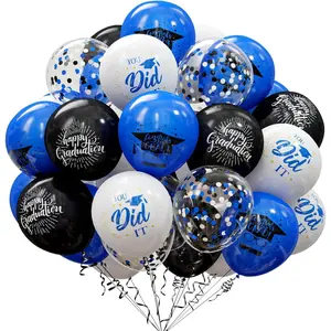 75 Pack Graduation Party Decorations Balloons Set - 12 Inch Black Blue Confetti Graduation Balloons with Ribbons for Grad Party Decoration Supplies